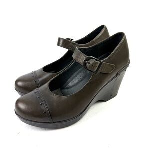 Dansko Fanny Wedge Maryjane 39‎ Gray Brown Olive Leather Stud Clogs Shoes Womens